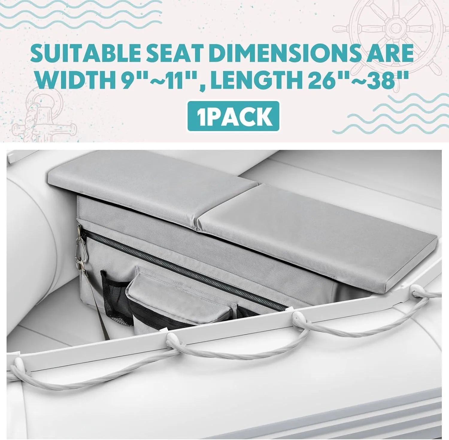 35 x 14 Inch Dinghy Inflatable Boat Seat Cushion and Underseat Storage Bag with Pockets Grey Thick Sponge Seat Water Resistant Outdoor Bench Cushion (Grey)