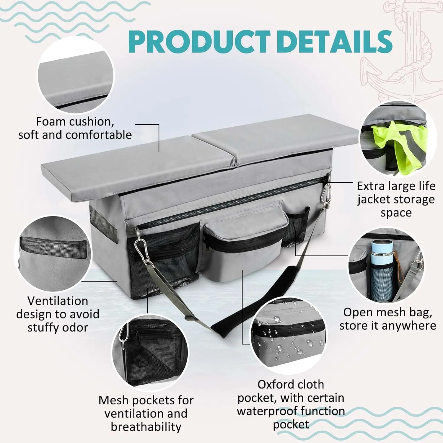 35 x 14 Inch Dinghy Inflatable Boat Seat Cushion and Underseat Storage Bag with Pockets Grey Thick Sponge Seat Water Resistant Outdoor Bench Cushion (Grey)