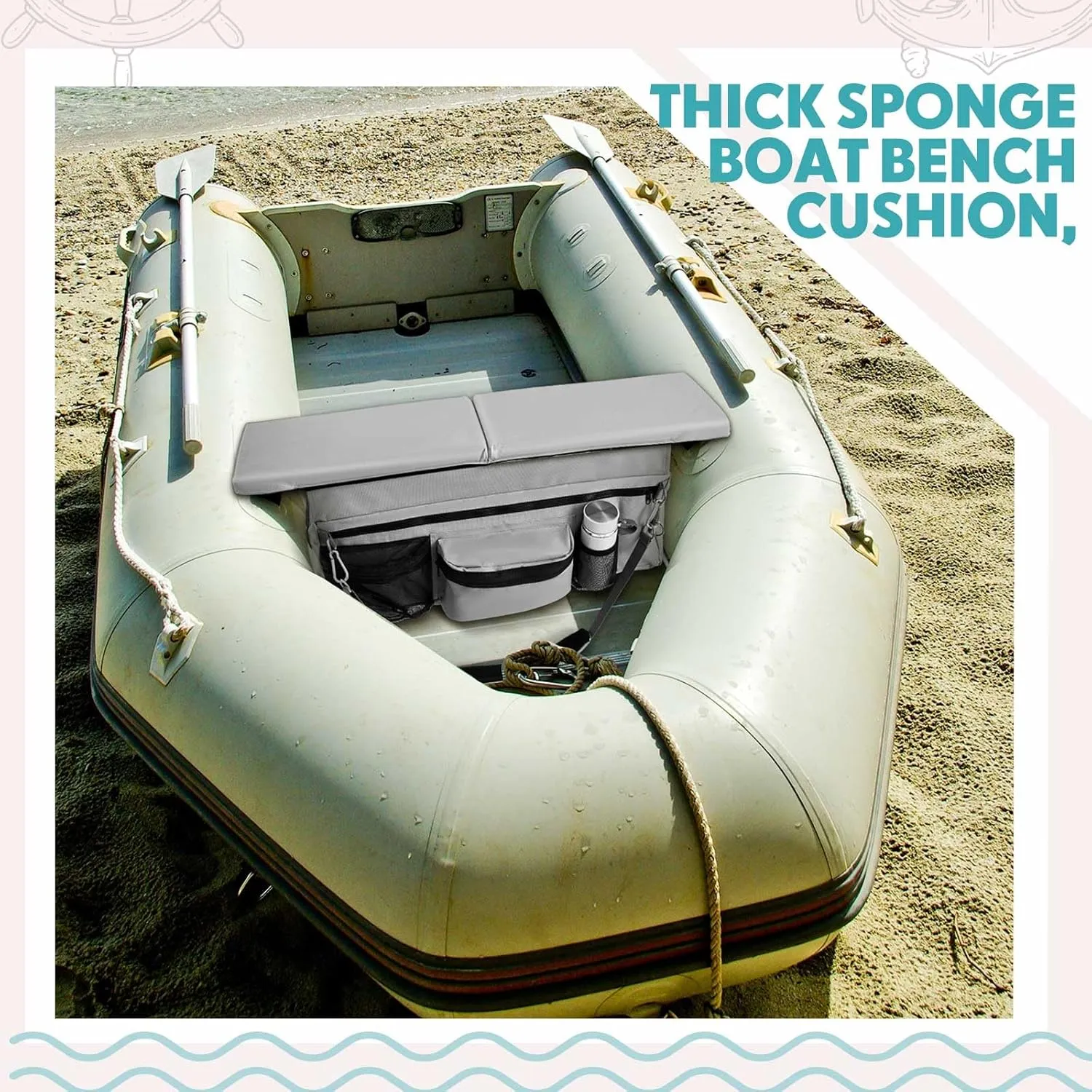 35 x 14 Inch Dinghy Inflatable Boat Seat Cushion and Underseat Storage Bag with Pockets Grey Thick Sponge Seat Water Resistant Outdoor Bench Cushion (Grey)