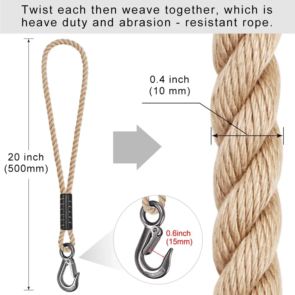 BeneLabel 2 Pcs Tree Swing Rope, 19 inch, Hammock Tree Swing Hanging Strap, Heavy Duty Hook, for Indoor Outdoor Swing Hammock Playground Set Accessories, Off-White