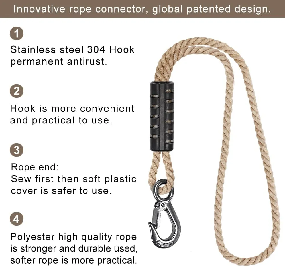 BeneLabel 2 Pcs Tree Swing Rope, 19 inch, Hammock Tree Swing Hanging Strap, Heavy Duty Hook, for Indoor Outdoor Swing Hammock Playground Set Accessories, Off-White