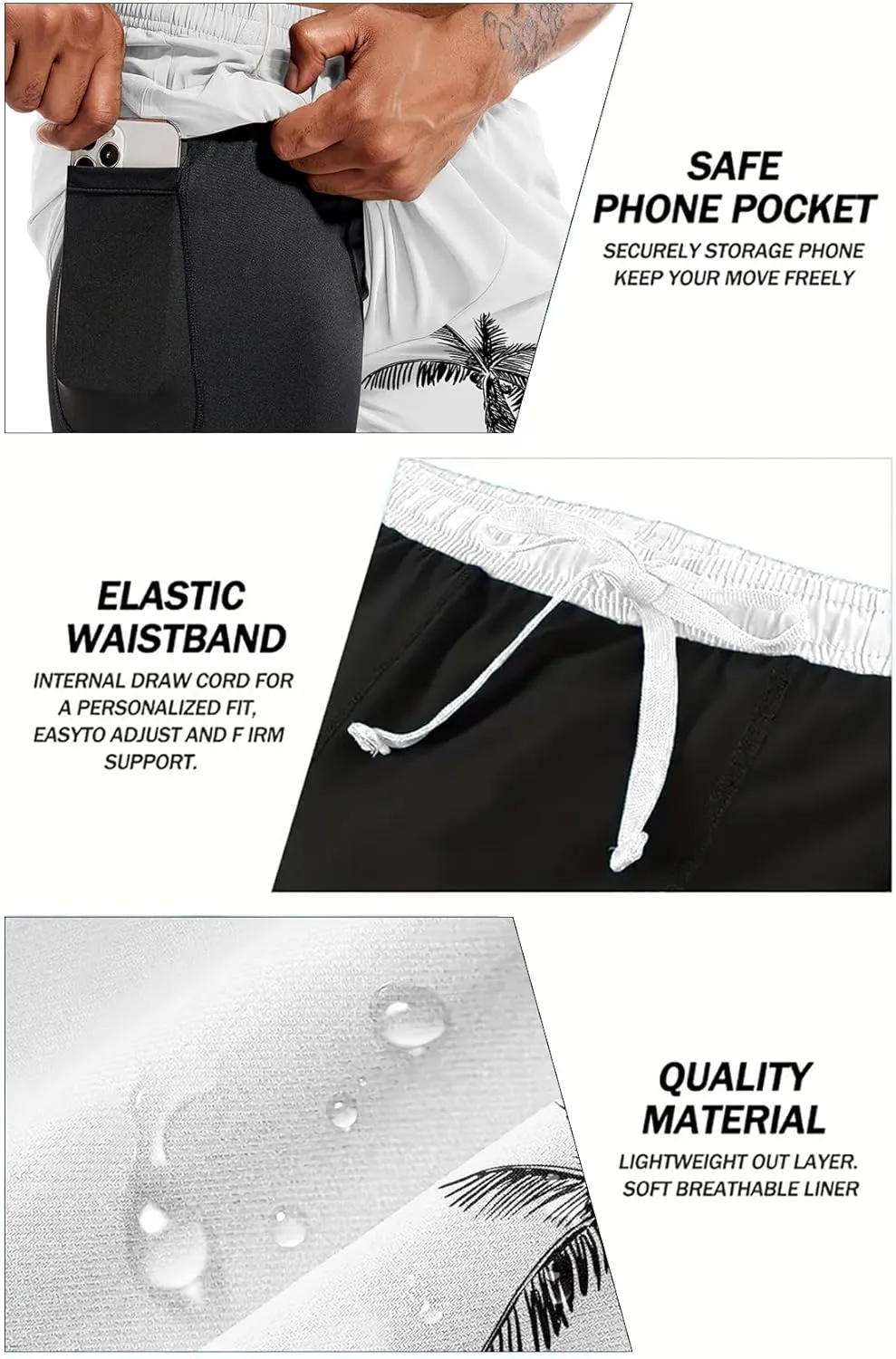 Mens Swim Trunks with Compression Liner 7" Board Shorts with Pockets 2 in 1 Quick Dry Bathing Suits