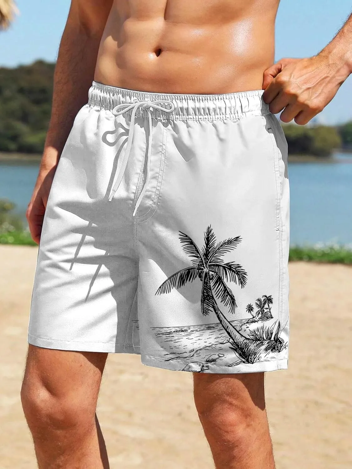 Mens Swim Trunks with Compression Liner 7" Board Shorts with Pockets 2 in 1 Quick Dry Bathing Suits