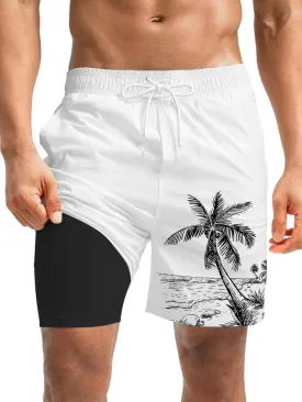 Mens Swim Trunks with Compression Liner 7" Board Shorts with Pockets 2 in 1 Quick Dry Bathing Suits