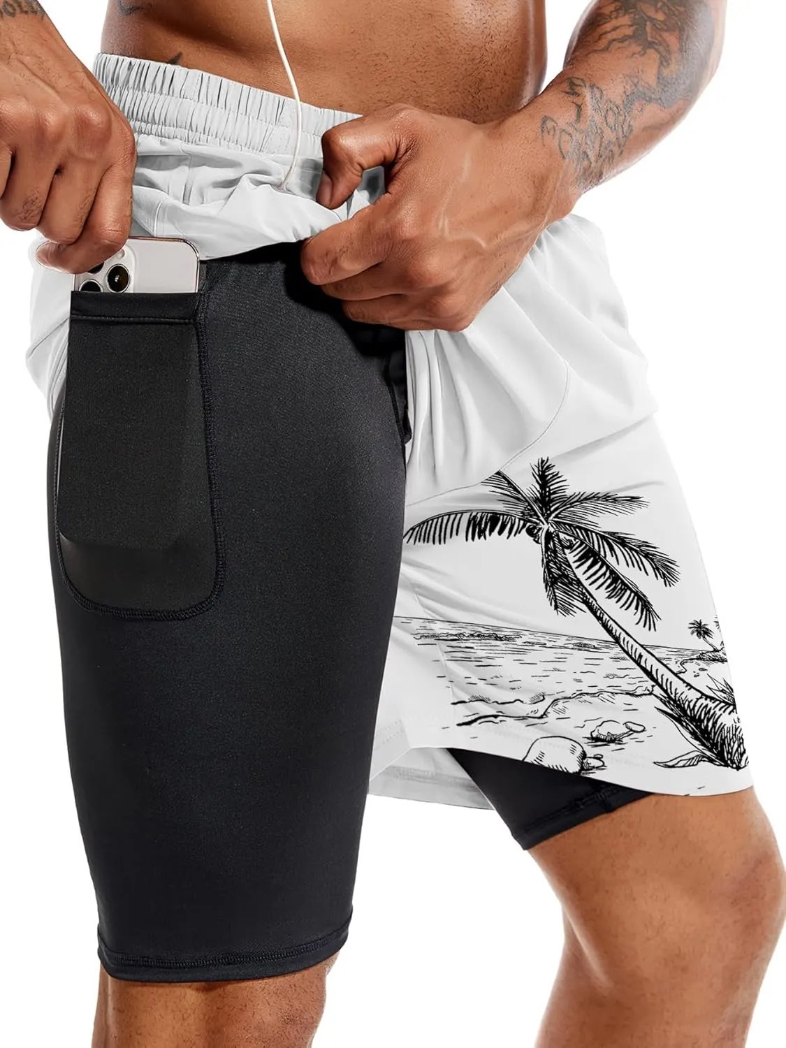 Mens Swim Trunks with Compression Liner 7" Board Shorts with Pockets 2 in 1 Quick Dry Bathing Suits