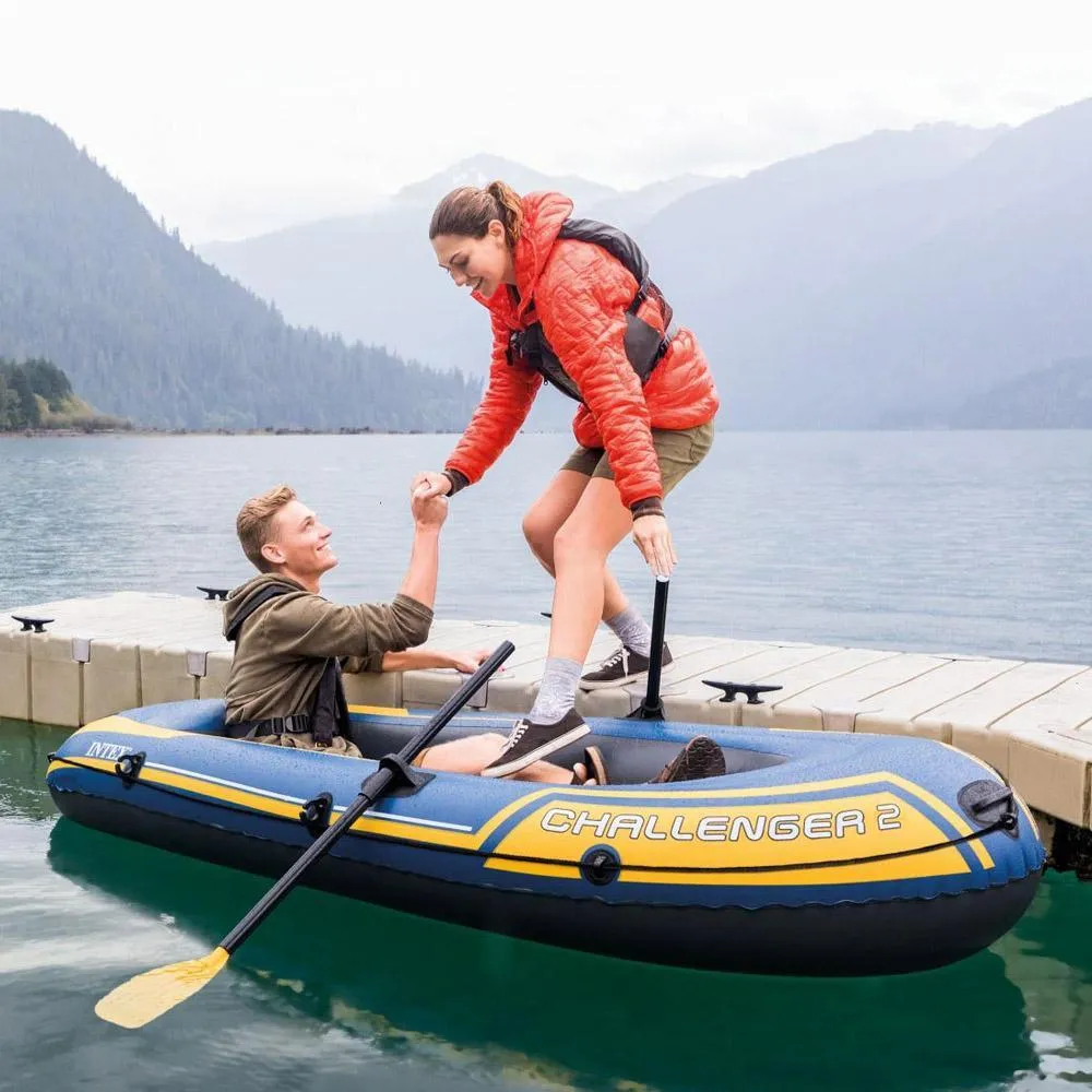 (NET) Intex 68367 Challenger 2 Inflatable Boat Set For Two People with Oars   Inflator