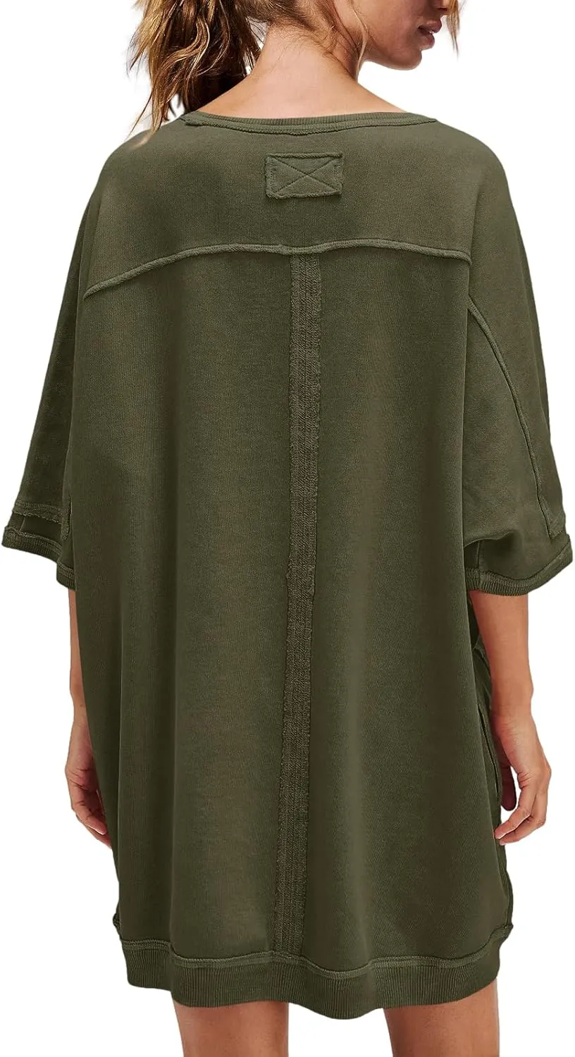 Nirovien Women's Oversized Sweatshirt Dress 3/4 Sleeve Crewneck Tunic Sweatshirts Casual Long Pullover with Pockets