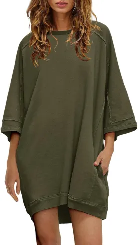 Nirovien Women's Oversized Sweatshirt Dress 3/4 Sleeve Crewneck Tunic Sweatshirts Casual Long Pullover with Pockets