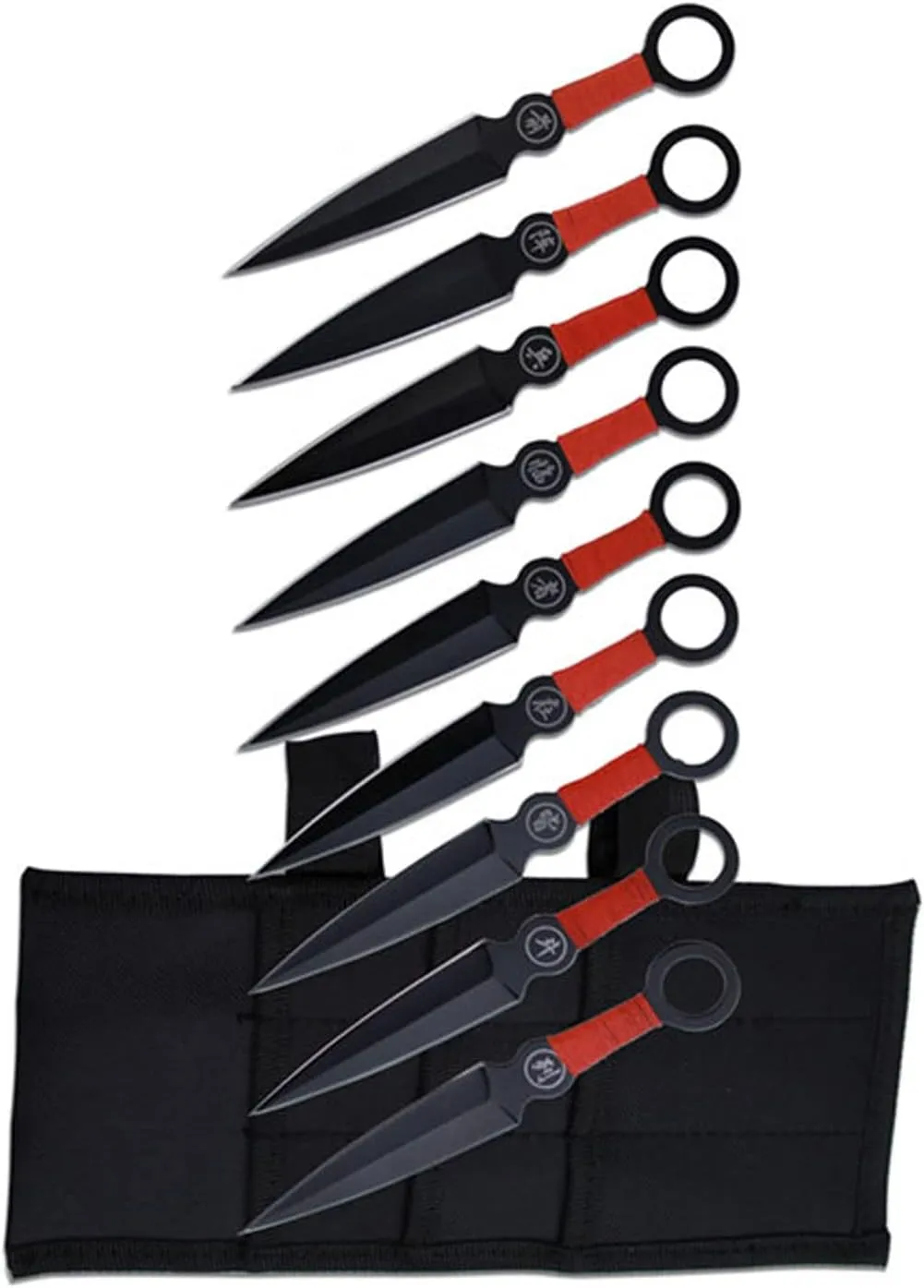 Perfect Point Throwing Knife Set  Set of 9 Throwers, Black Stainless Steel Blades w/Red Cord Wrapped Handles w/Chinese Inscription, Nylon Sheath, Well Balanced, Sport Knives  PP-060-9