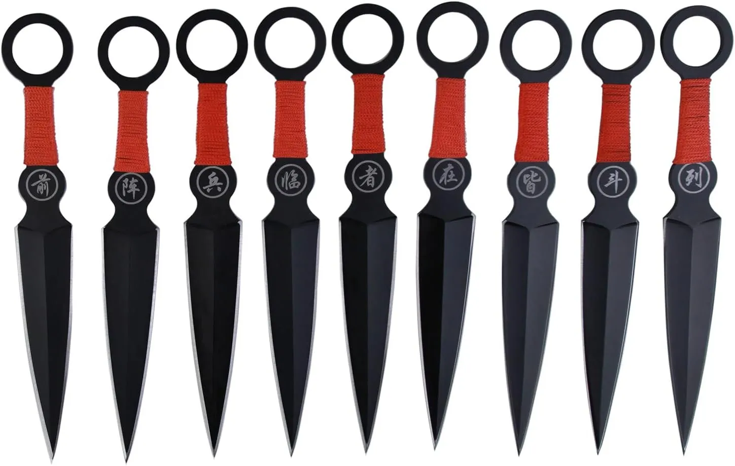 Perfect Point Throwing Knife Set  Set of 9 Throwers, Black Stainless Steel Blades w/Red Cord Wrapped Handles w/Chinese Inscription, Nylon Sheath, Well Balanced, Sport Knives  PP-060-9