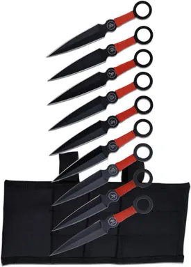 Perfect Point Throwing Knife Set  Set of 9 Throwers, Black Stainless Steel Blades w/Red Cord Wrapped Handles w/Chinese Inscription, Nylon Sheath, Well Balanced, Sport Knives  PP-060-9