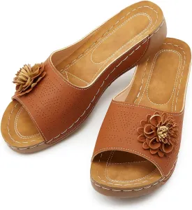 Rungion Womens Summer Beach Sandals Wedge Low Open Toe Slides Ladies Dressy Sandals Slipper Platform Comfortable Flower Sandals