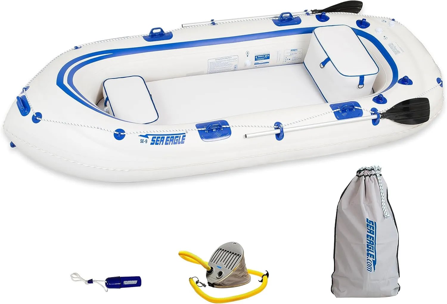 Sea Eagle SE9 Lightweight Inflatable Boat with Inflatable Floor, 5' Oar Set & 2 Seats. Great for Boating, Motoring, Rowing, Fishing & Yacht Tending