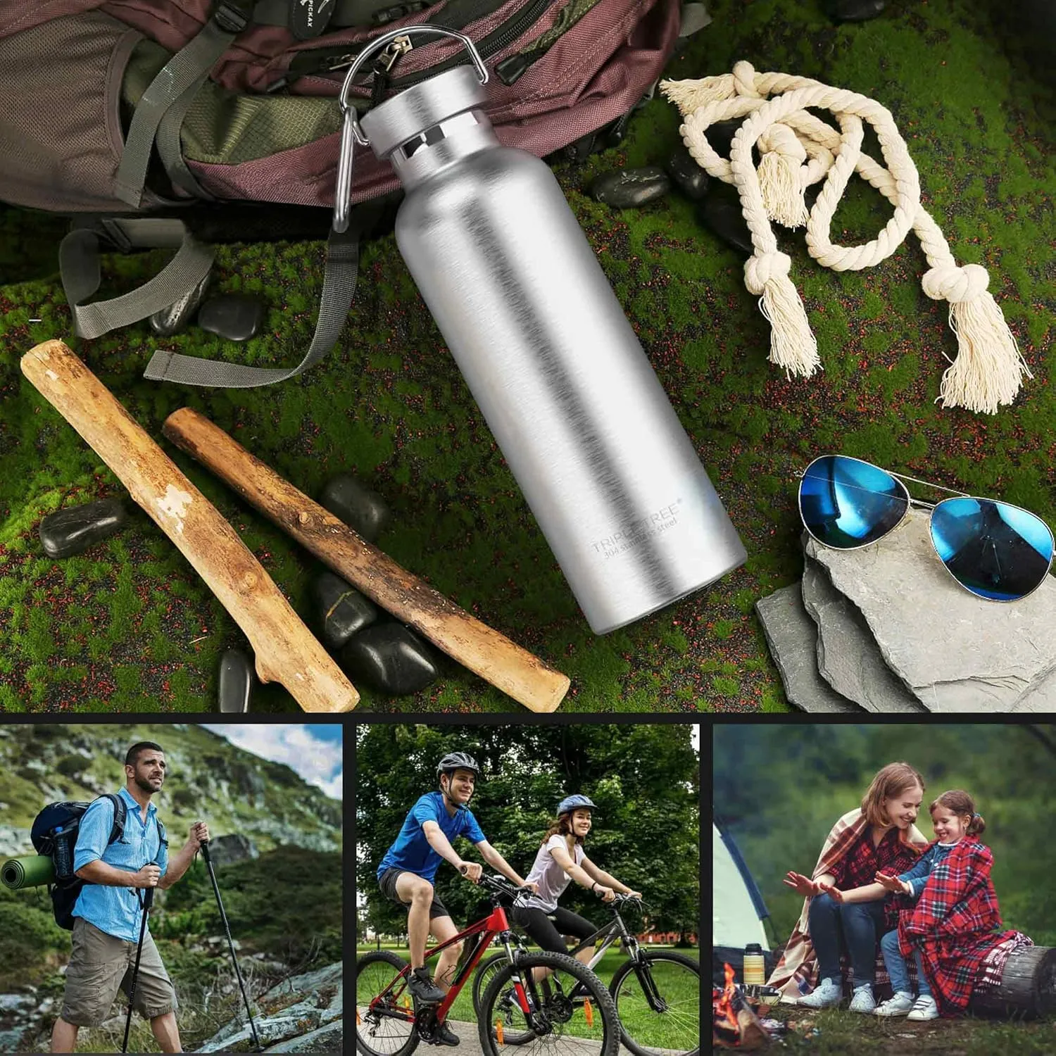 Triple Tree 26OZ Vacuum Insulated Stainless Steel Water Bottle, Double Wall Wide Mouth Lids Keeps beverage Hot or Cold Sweat Proof