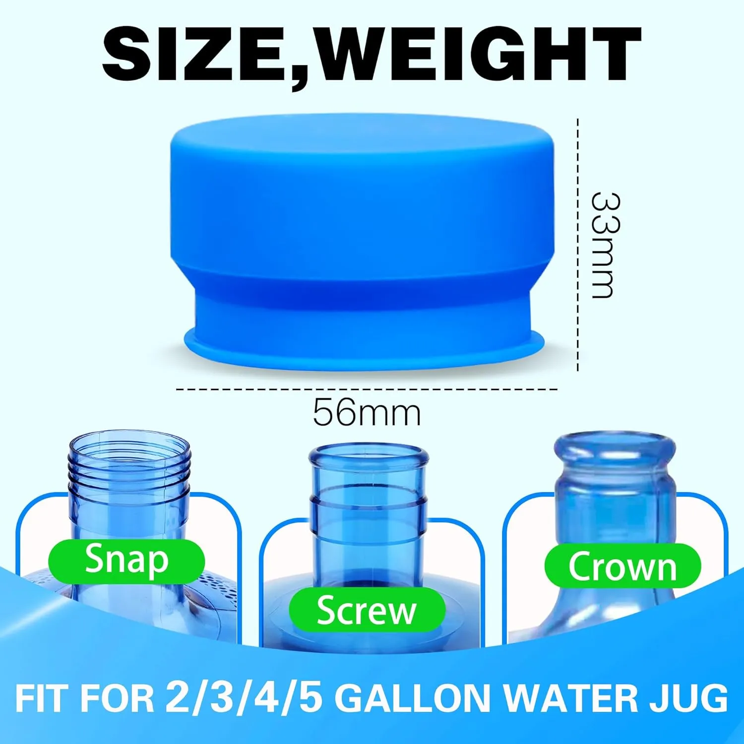 Upgraded 3 and 5 Gallon Water Jug Cap, Silicone Reusable Replacement Cap, Non Spill Bottle Caps for 55mm Bottle Water Dispenser Caps - Pack of 3