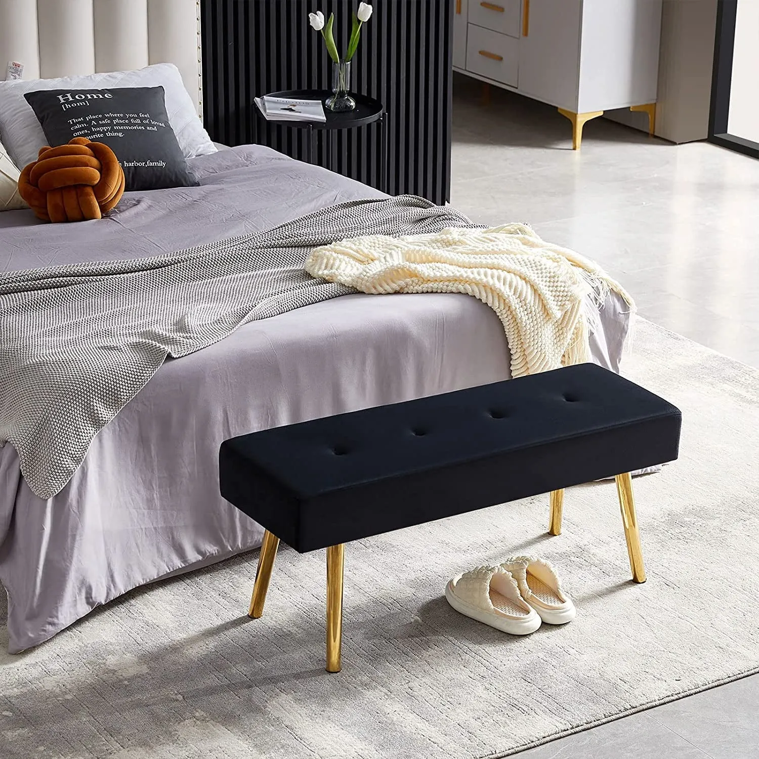 versatile Modern Entryway Bench Teddy Velvet Upholstered End of Bed Bench Tufted Ottoman Bench Dining Bench with Thick Cushion Seated for Living Room, Bedroom