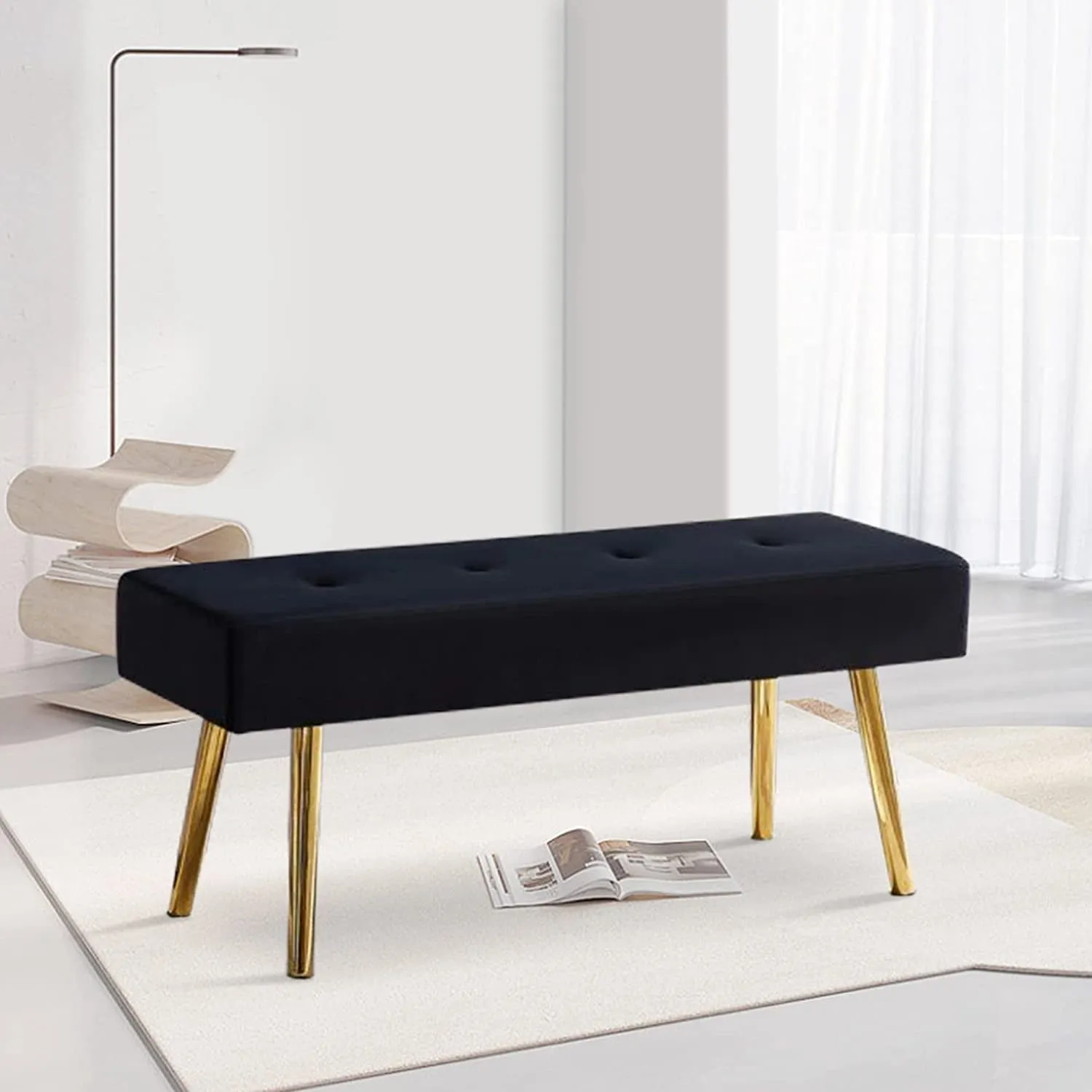 versatile Modern Entryway Bench Teddy Velvet Upholstered End of Bed Bench Tufted Ottoman Bench Dining Bench with Thick Cushion Seated for Living Room, Bedroom