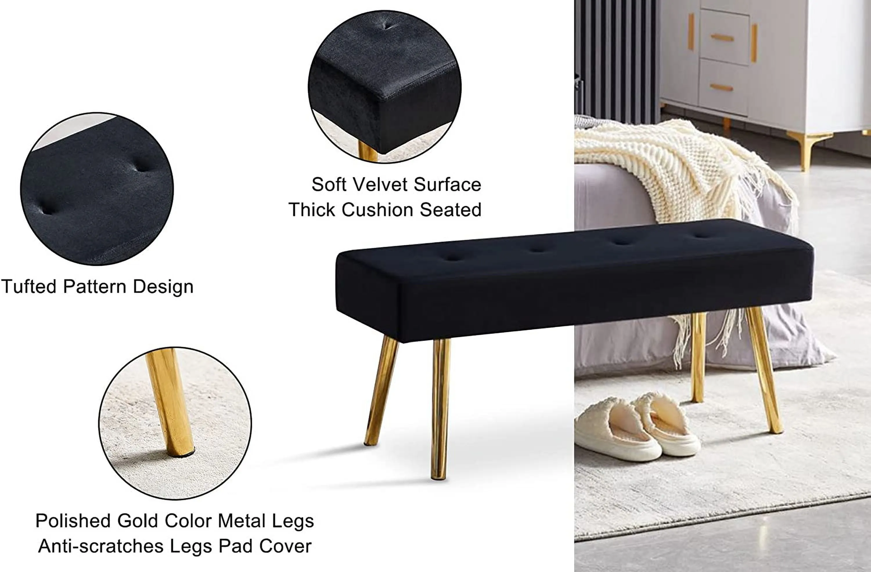 versatile Modern Entryway Bench Teddy Velvet Upholstered End of Bed Bench Tufted Ottoman Bench Dining Bench with Thick Cushion Seated for Living Room, Bedroom