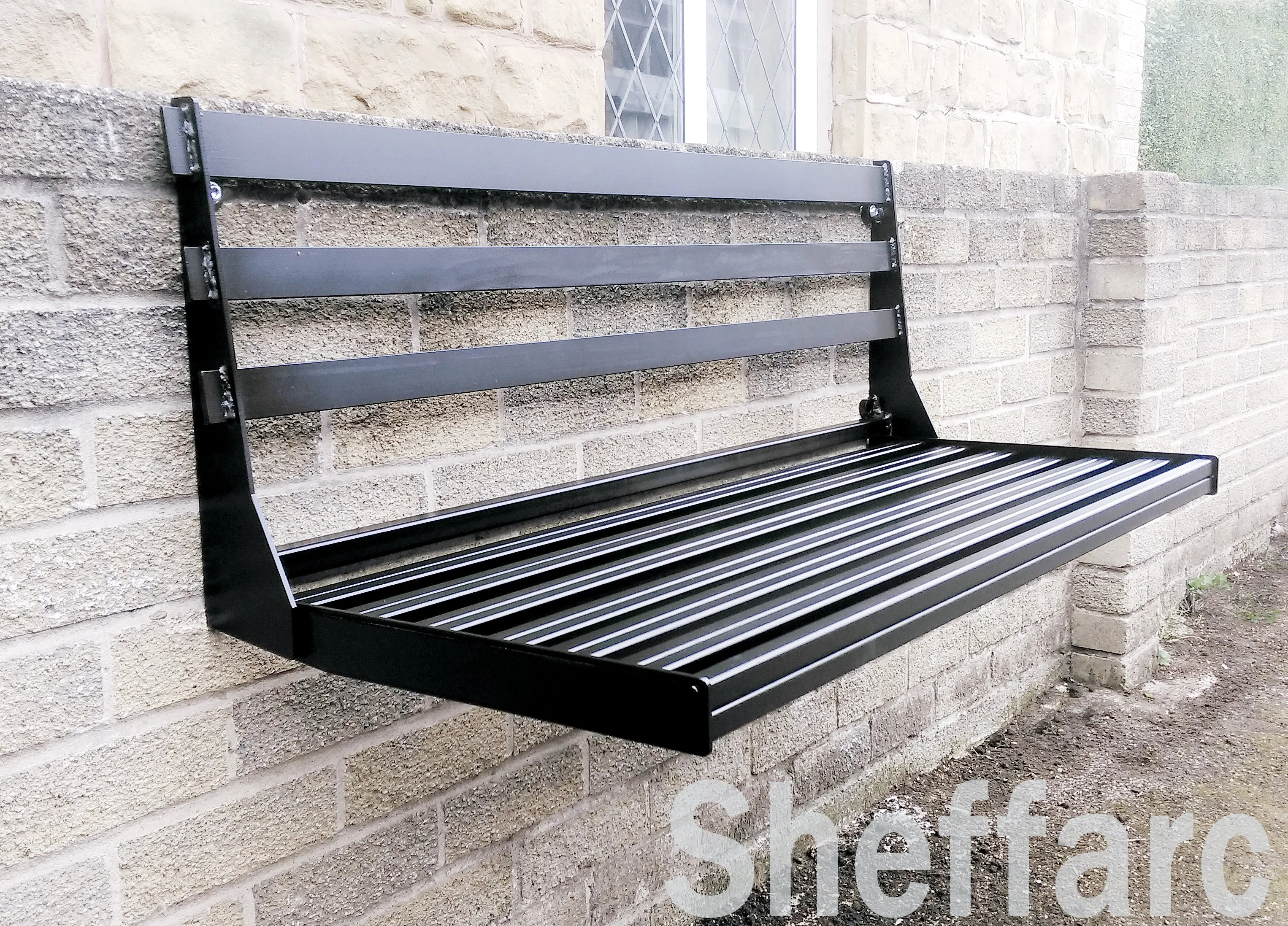 Wall Mounted seating,  Foldaway / Fold up Metal Garden Seat / Bench / Chair, space saving