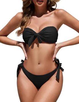 Zonsaoja Women Strapless Bandeau Bikini Set Knot Two Piece Swimsuit Side Tie Cheeky Bathing Suits